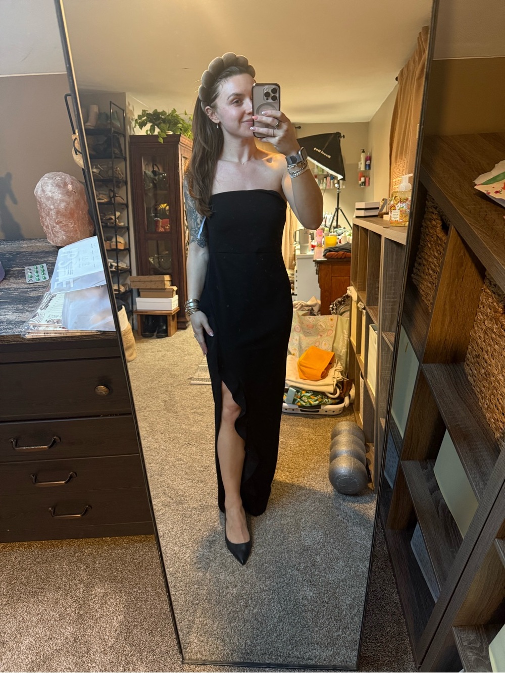 Strapless Black Maxi Dress with Front Slit